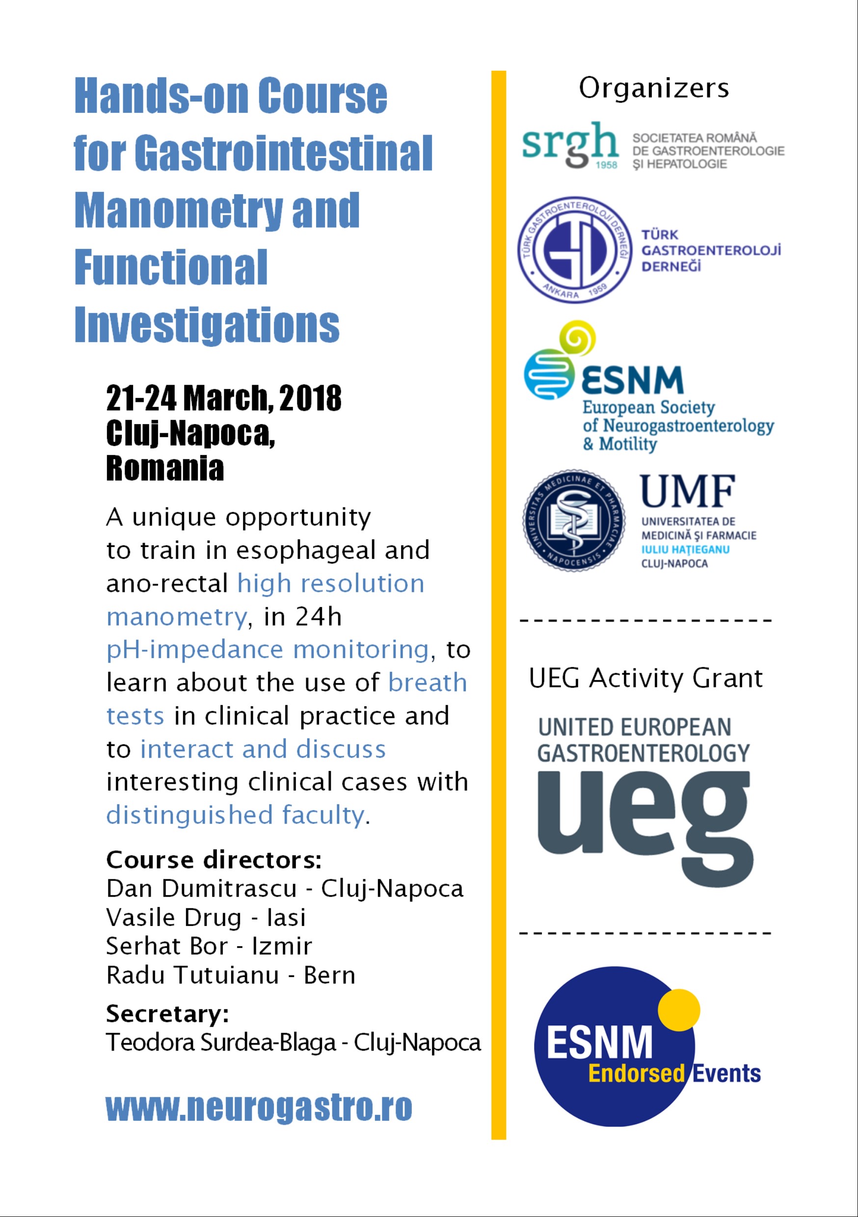 Hands-on Course for Gastrointestinal Manometry and Functional Investigations, 21-24 March 2018, Cluj-Napoca, Romania